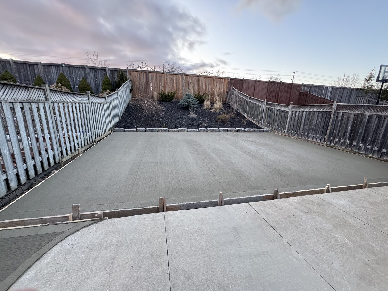 Freshly poured concrete patio with wooden forms in a backyard.